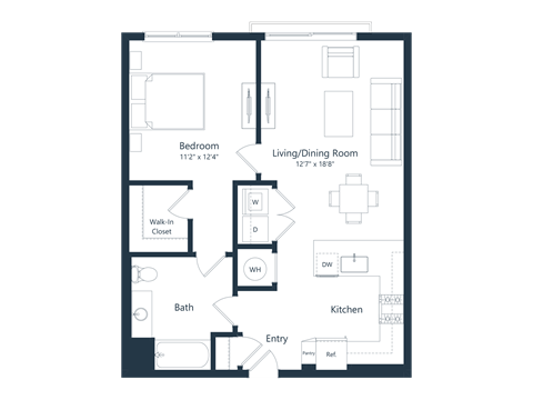 Floor plan for 1 bed, 1 bath, 751 sqft